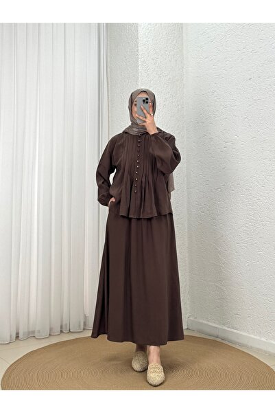 MİHRA STORE Σετ Φούστας με Ριμπ Λεπτομέρειες Tomurcuk-ZN7831 Καφέ