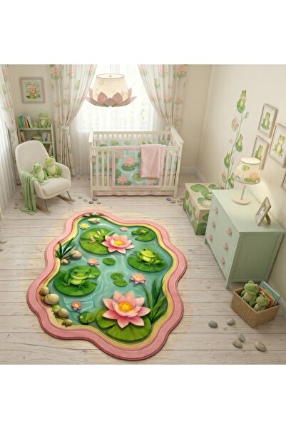 Rugs Modern Halı SDT Nilüfer Çiçekli Kurbağa Desenli Pembe Çocuk Odası Dokuma...