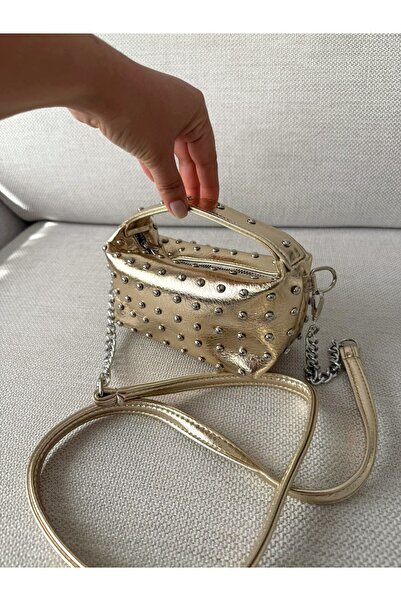 melecco Gold Chain Strap Women's Bag with Staple Detail Mini Shoulder Bag Sty...