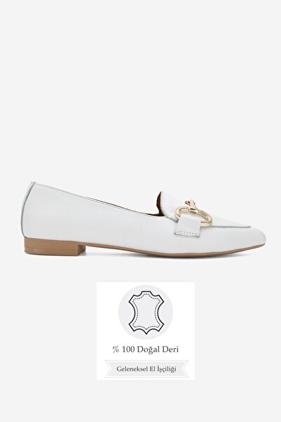 TUNAELLİ Women's White Genuine Natural De Leather 6-41 Size Buckle Flats