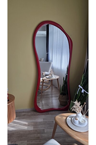 UĞURLU HOME 180x80 cm Asimetrik Boy Aynası - Kırmızı Ahşap Görünümlü Dekorati...