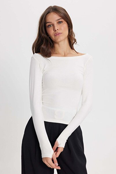 Tudors Γυναικεία λευκή μπλούζα με μακριά μανίκια, στενή εφαρμογή, βαμβακερή, ...