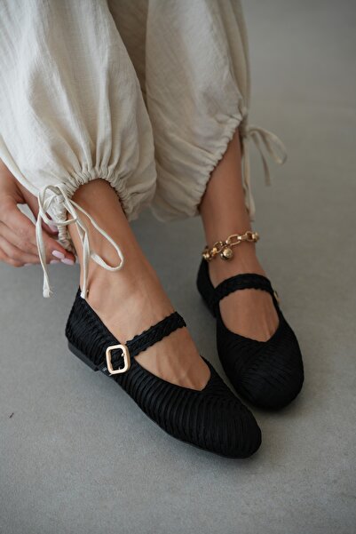 selin shoes Vayla Knitted Detail Buckle Women's Ballerinas - Black