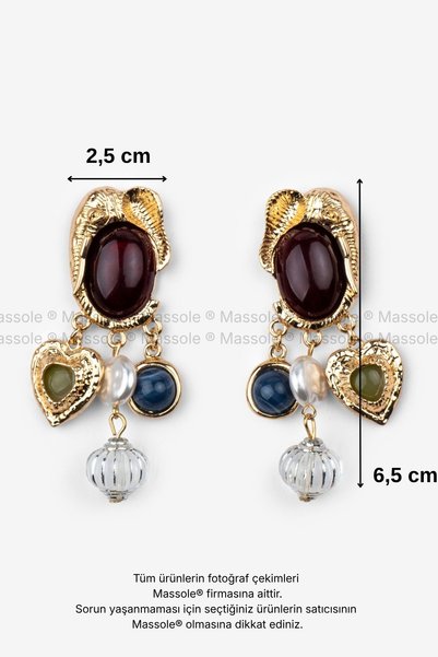 MASSOLE Women's Gold Antique Design Earrings with Burgundy Stone Heart Detail Bohemian Dangle Earrings Vintage Stylish Accessory Gift Earrings Pearl and Bead Embellished Handmade Looking Luxurious Jewelry Model New