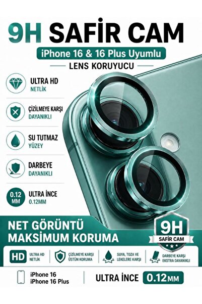 SONREİR iPhone 16 / 16 Plus Sea Green Metal Camera Lens Protector Sapphire Gl...