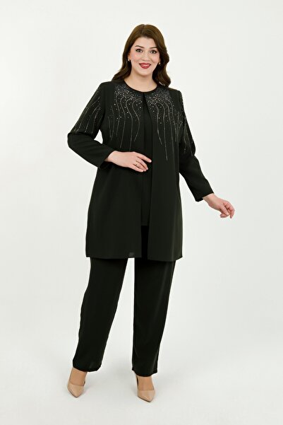 By Alba Collection Women's Dark Khaki Stone Embroidered Elegant Double Plus S...