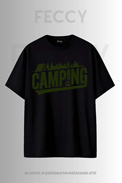 FECCY Tricou unisex supradimensionat cu imprimeu Camping Premium, tematică Hu...
