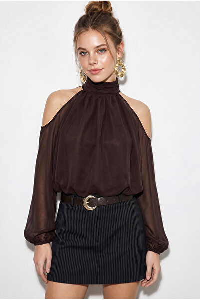 Bianco Lucci Γυναικεία μπλούζα σιφόν με χαμηλό κόψιμο στους ώμους, ψηλό γιακά...