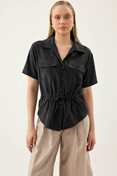 Vitrin Short Sleeve Blouse with Cap Pocket and Gathered Front