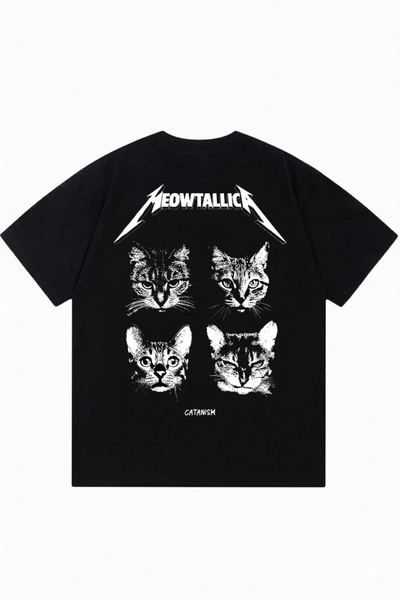DASH WEAR Meowtallica Printed Black Oversize Crew Neck T-Shirt