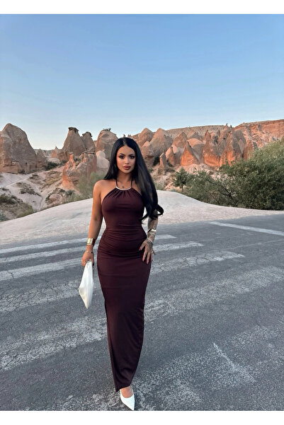 kırmızı butiks Καφέ φόρεμα με αξεσουάρ γιακά Halter