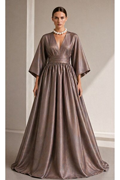 ALYEL NAKER Wide Sleeve Detail & Pleated Belted Maxi Taffeta Dress