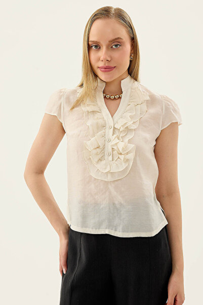 Vitrin Hakim Collar Front Ruffle Short Sleeve Blouse
