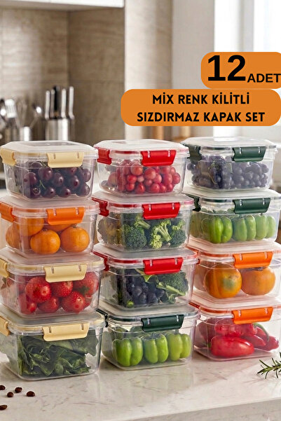 ego home 12'Li Set Kare Kilitli Kapaklı Mix Renk Saklama Kabı