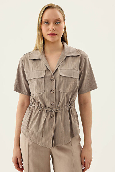 Vitrin Short Sleeve Blouse with Cap Pocket and Gathered Front