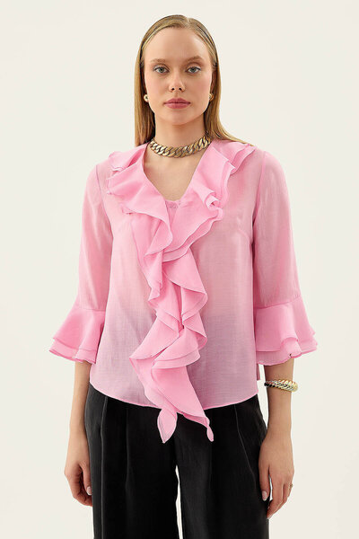 Vitrin Buttoned Front Ruffled Blouse