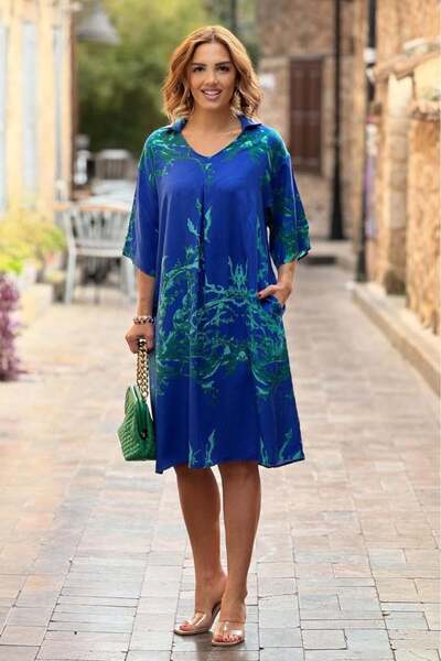 Nevin Kaya Moda Φόρεμα POLO COLLAR Blue Sea Pattern