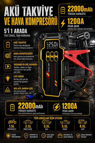 Merwish 22000mAh 1200A Akü Takviye ve Hava Kompresörü 5’i 1 Arada Taşınabilir...