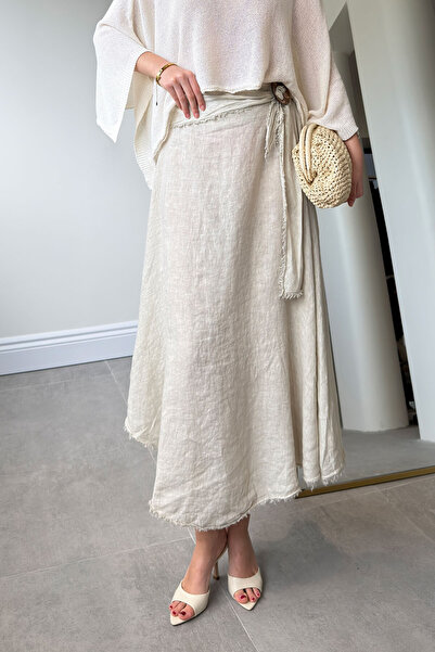 MAGARDE Ειδική Εισαγόμενη Σειρά Φούστα με Ελαστική Μέση 100% Λινό - ΜΠΕΖ