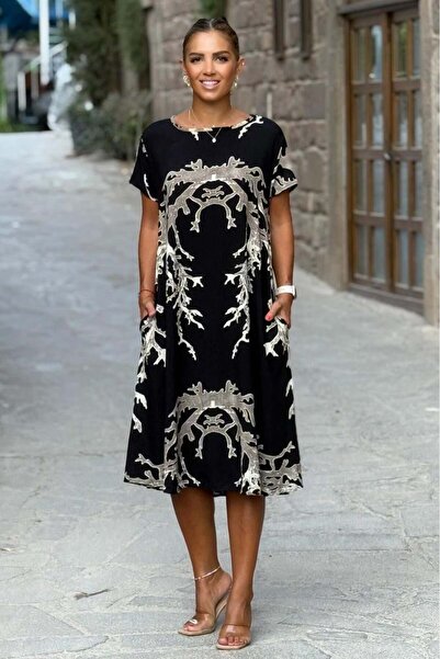 Nevin Kaya Moda Μαύρο καφέ φόρεμα με θαλασσινό σχέδιο