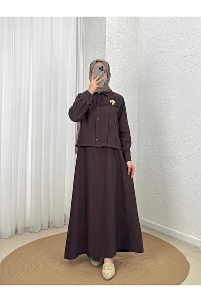 MİHRA STORE Φόρεμα διπλό με πουκάμισο με κουμπωτή αγκράφα Aycan-MF1802.1 Καφέ