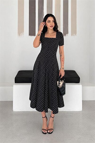 Neşeli Butik Γυναικείο μαύρο φόρεμα με πουά σχέδιο, κοντομάνικο, με τετράγωνο...