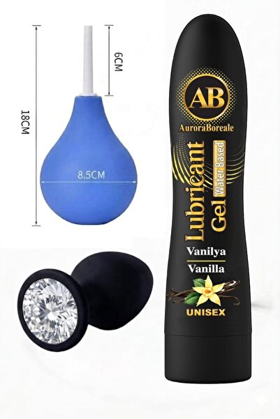 AuroraBoreale Silikon Beyaz Taşlı Anal Tıpa Temizleme Pompası Vanilyalı Kayganlaştırıcı Jel Seti