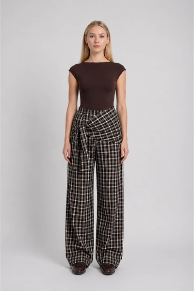 MODA Ekose Kuşak Detaylı Bol Paça Pantolon