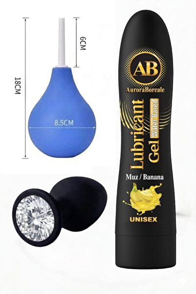 AuroraBoreale Temizleme Pompası Beyaz Taşlı Anal Plug Muzlu Kayganlaştırıcı Jel Üçlü Set