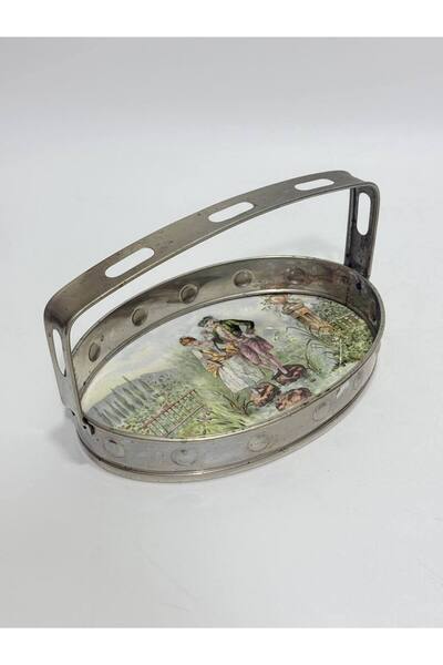 Hasyılmaz Antika Gümüş Kaplama Porselen Tabanlı Tepsi 23x11cm
