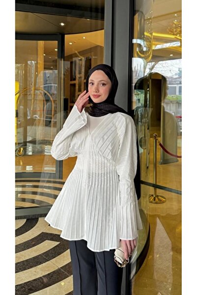 Moda Aydın Butik Kadın Pilise Detaylı Fermuarlı Bluz - Beyaz