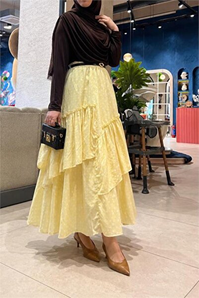Neşeli Butik Γυναικεία κίτρινη ασύμμετρη φούστα με βολάν και πουά σχέδιο, ολό...