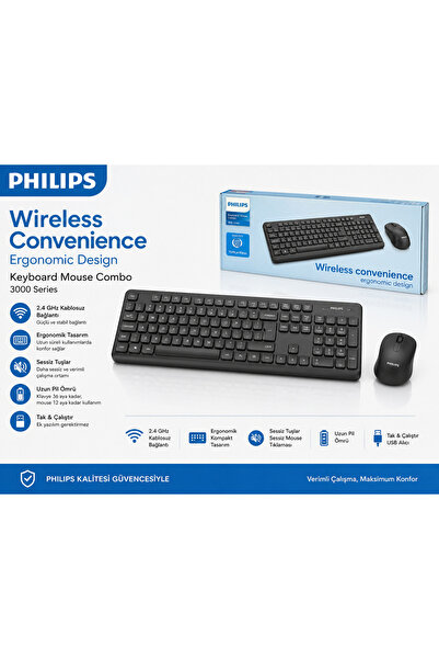 Philips Wireless Keyboard Mouse Set 3000 Serisi Kablosuz Klavye Mouse Combo 2...