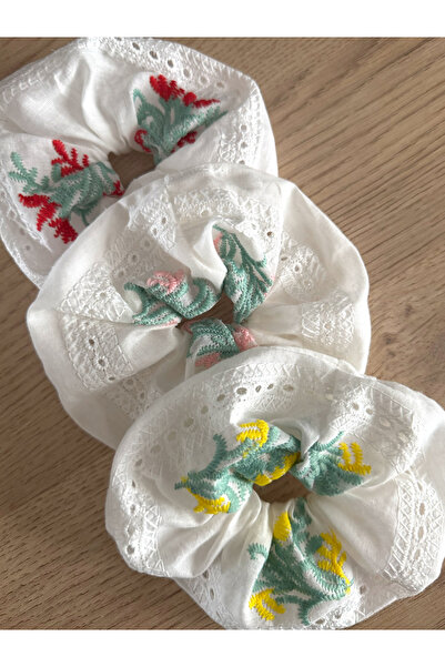 Noestudio Nakışlı Scrunchie 3’lü Set Simit Toka Topuz Tokası Hacimli Çiçekli ...