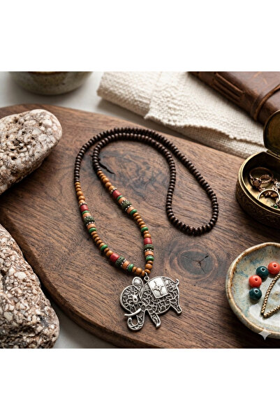 azra takı tasarım Handmade Elephant Figured Long Bohemian Hippie Style Wooden...