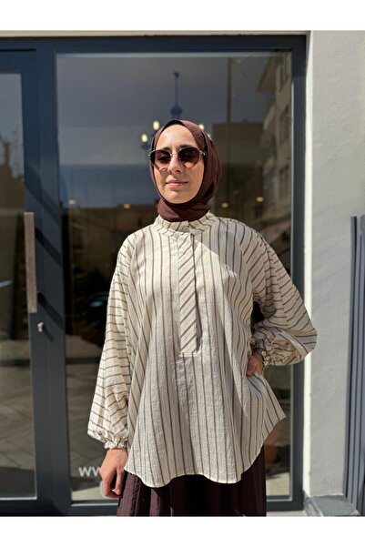 Almarwah Black 101007 Çizgili Kadın Gömlek Bordo
