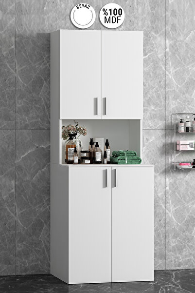 ÖZCEDEN Kapaklı Çamaşır Makinesi Beyaz MDF Banyo Dolabı Takımı