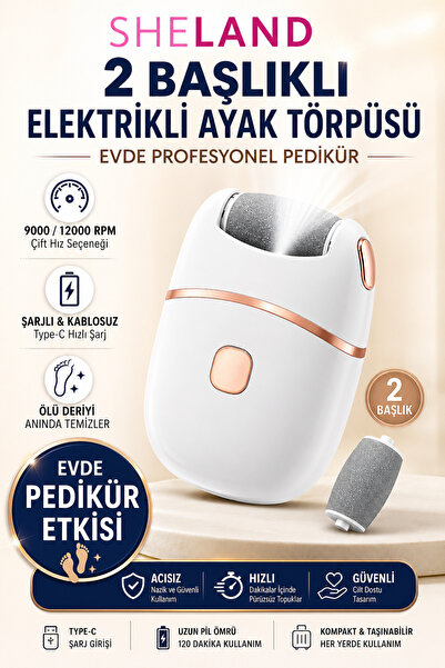 Sheland 2 Başlıklı Elektrikli Ayak Törpüsü Şarjlı Topuk Temizleyici Nasır Gid...