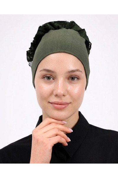Alivascarf Ruffled Seamless Combed Cotton Bonnet Khaki - Women's Hijab Tie-On...