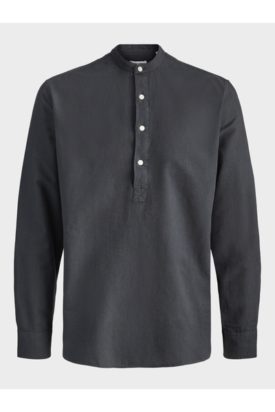 Jack & Jones قميص رجالي أسود بياقة ماندارين من مزيج الكتان