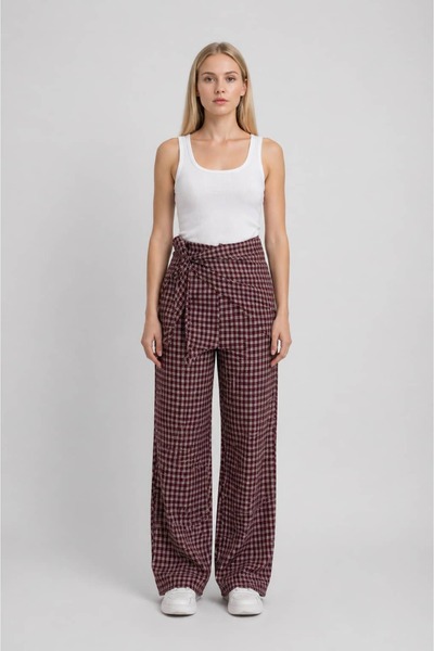 MODA Ekose Kuşak Detaylı Bol Paça Pantolon