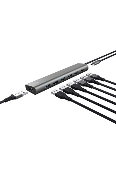 Trust Hub extern Halyx, Conectare prin USB 3.2, Porturi 7xUSB 3.2 Gen1, Gri "...