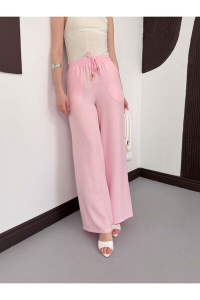 Caddebostan Moda Ψηλόμεσο λινό παντελόνι με ελαστική μέση και κορδόνια, με φα...