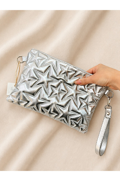 SERENİTY BİJUTERİ Gümüş Simli Yıldız Dikişli Zincir Askılı Clutch Star Kadın ...