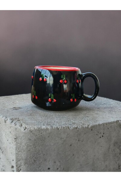sihirli kutular Siyah Kiraz Detaylı El Yapımı Seramik Kupa ,mug Kraft Hediye ...