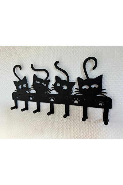 Dekoratif Kedi Anahtarlık Askılığı Duvar Askısı – 5’li Kanca Organizer | Modern Siyah Tasarım