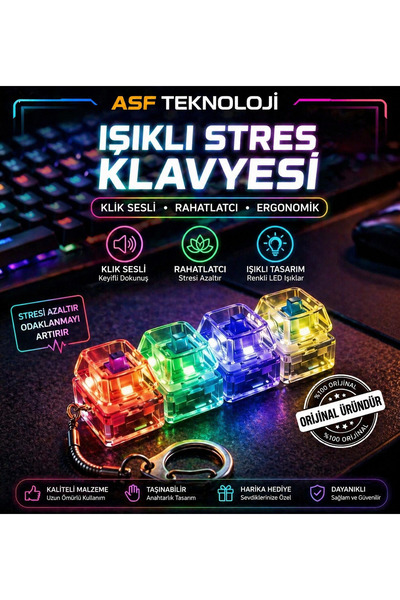 asfteknoloji Işıklı Stres Klavyesi Anahtarlık | Klik Sesli Rahatlatıcı Mini K...