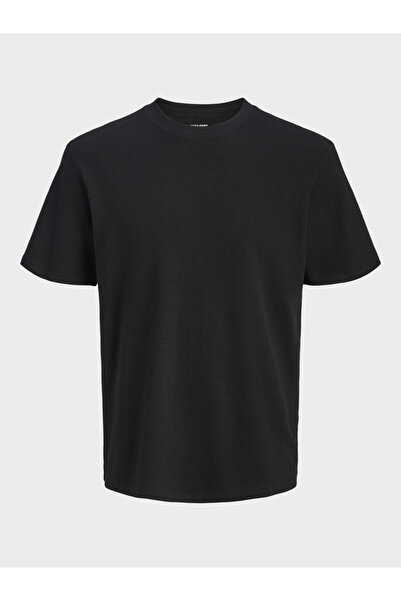 Jack & Jones Men Black Textured Cotton Crew Neck T-Shirt