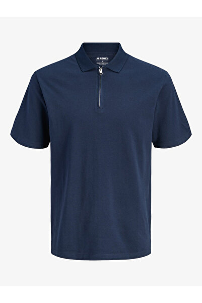 REBEL By Styli Men vy Blue Cotton Polo with Zipper