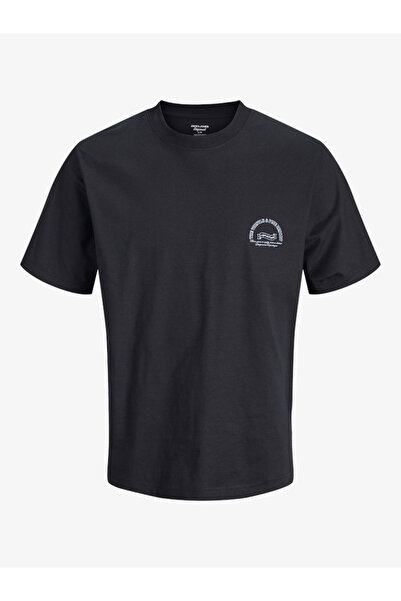 Jack & Jones تي شيرت رجالي أسود بطباعة جرافيك وياقة دائرية من القطن